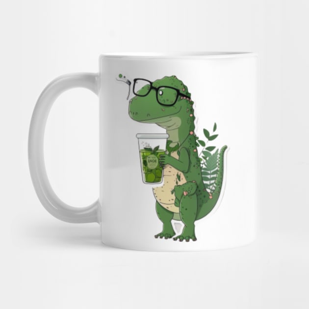 Green T-rex drinking tea Illustration by JEWEBIE